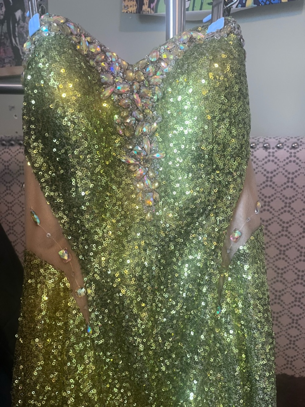 Cinderella Olive Green Sequin Prom Dress with Iridescent Gems